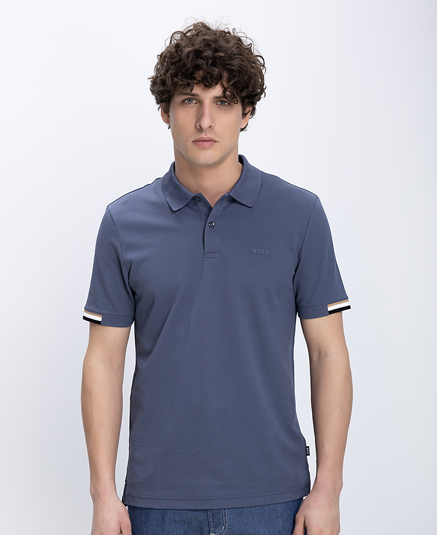 Boss Ανδρικό Polo Slim Fit Βαμβακερό Με Ριγέ Γιακά Και Tonal Logo