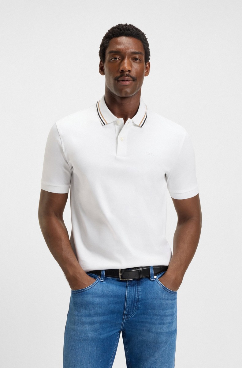 Boss Ανδρικό Polo Slim Fit Βαμβακερό Με Ριγέ Γιακά Και Tonal Logo