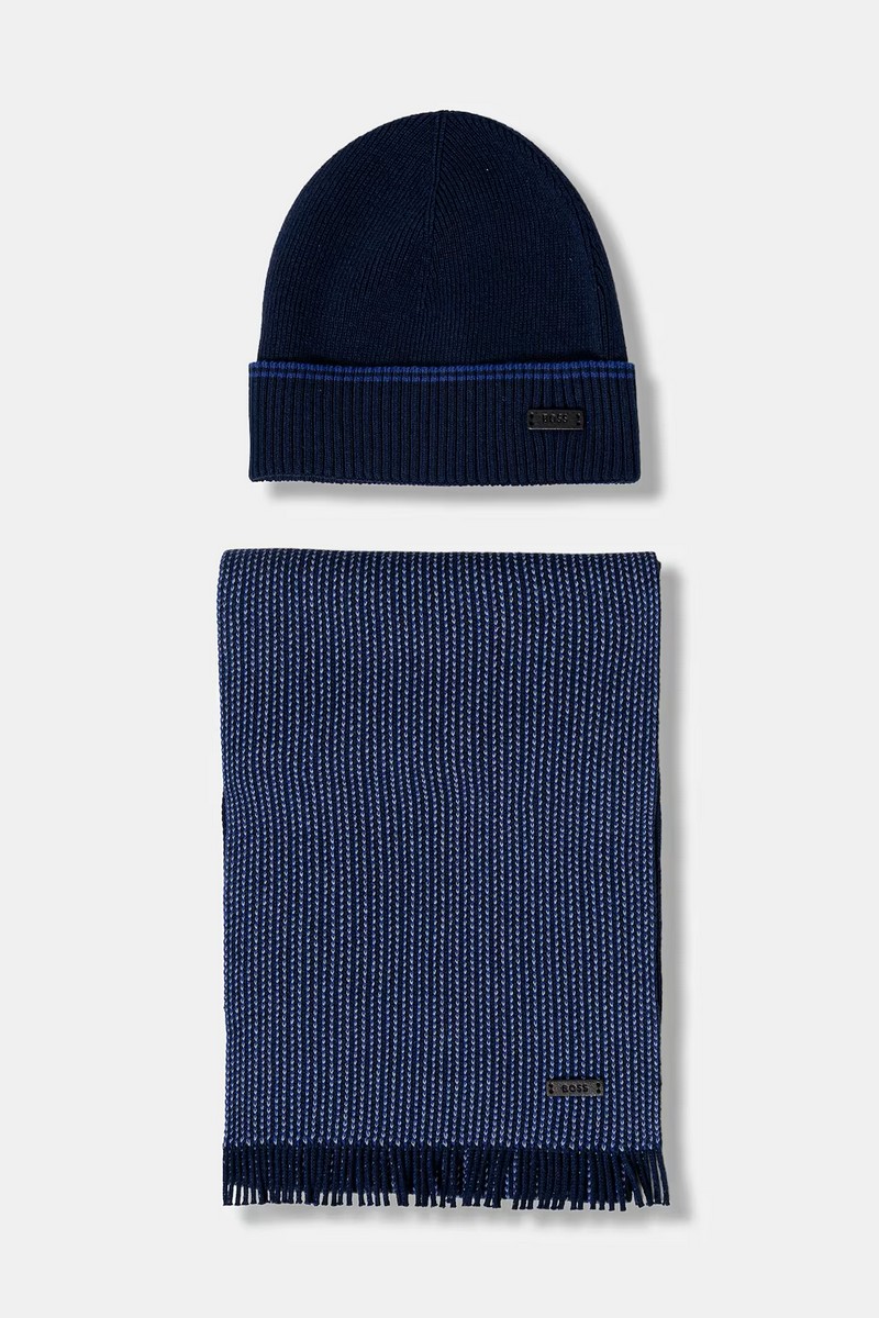 Boss Ανδρικό Σετ Σκουφάκι / Κασκόλ Regular Fit Με Ραβδωτή Πλέξη