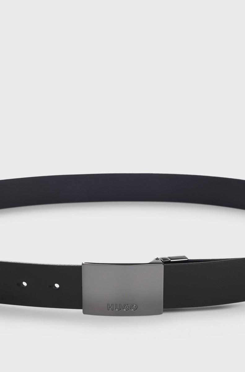 Hugo Ανδρική ΖώνηΑπό Δέρμα Με Γυαλιστερή Μεταλλική Αγκράφα Μαύρη φωτογραφία