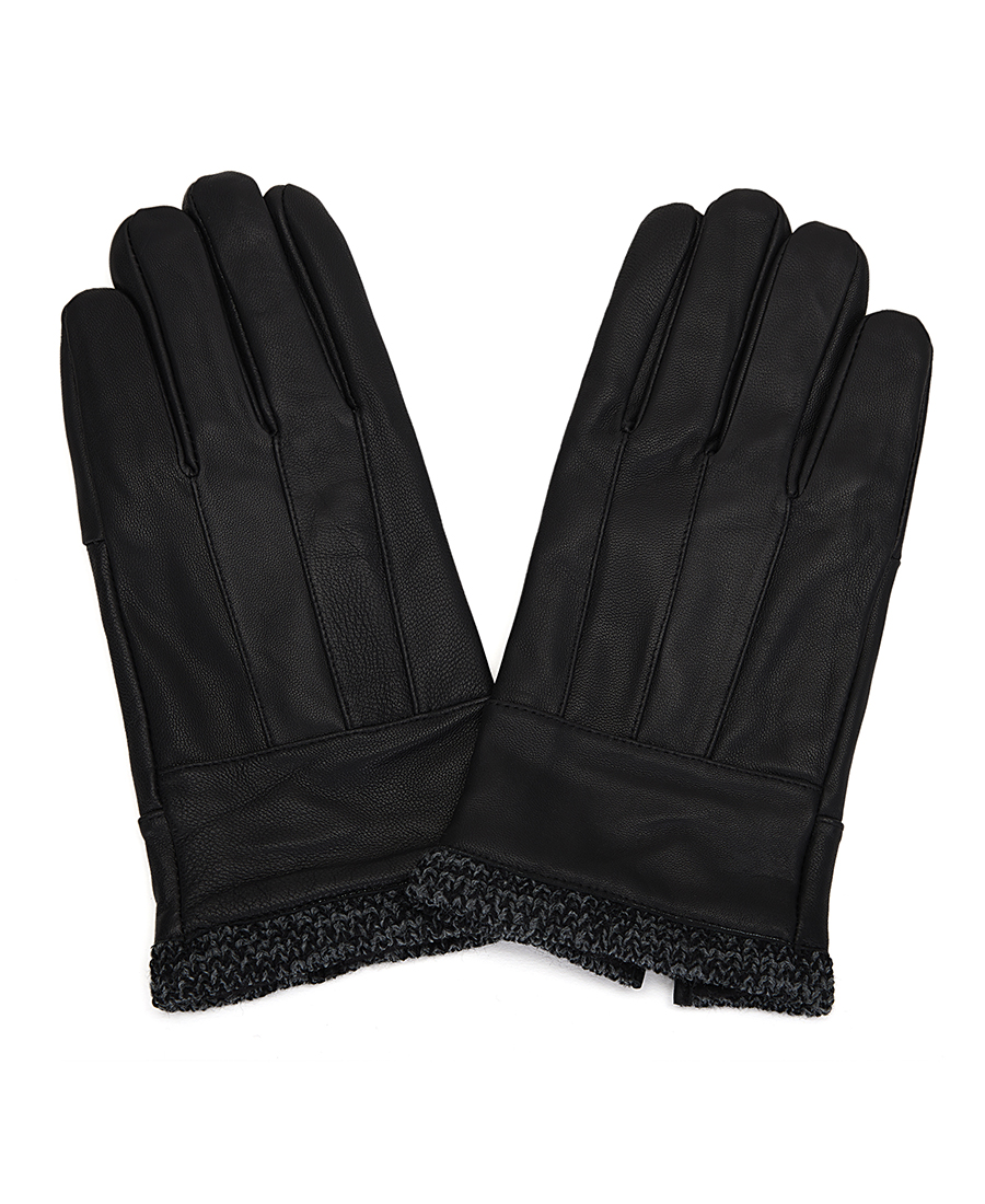 Ανδρικά Δερμάτινα Γάντια με Πλεκτή Μανσέτα σε Μαύρο