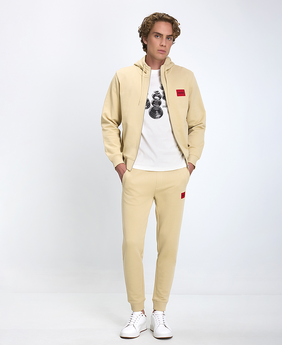 Hugo Ανδρικό Hoodie Με Φερμουάρ Regular Fit Βαμβακερό Μπεζ φωτογραφία