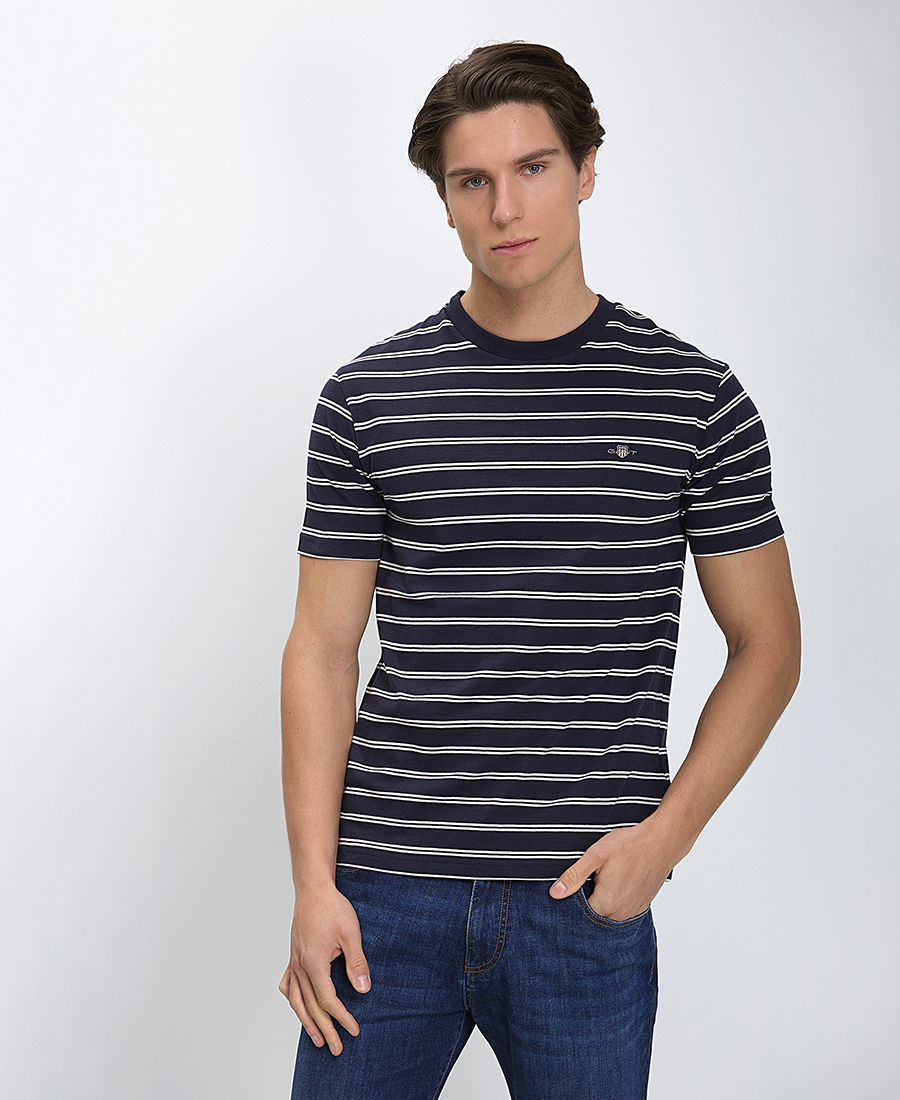 Gant Gant Ανδρικό T-Shirt Ριγέ με Κεντημένο Λογότυπο Regular Fit σε Μπλε
