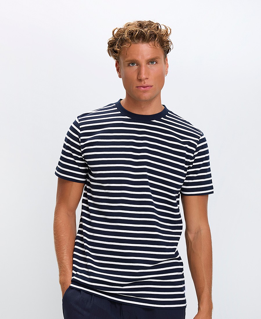 Basefield Ανδρικό T-Shirt Regular Fit Βαμβακερό Ριγέ Με Στρογγυλή Λαιμόκοψη Μπλε Σκούρο