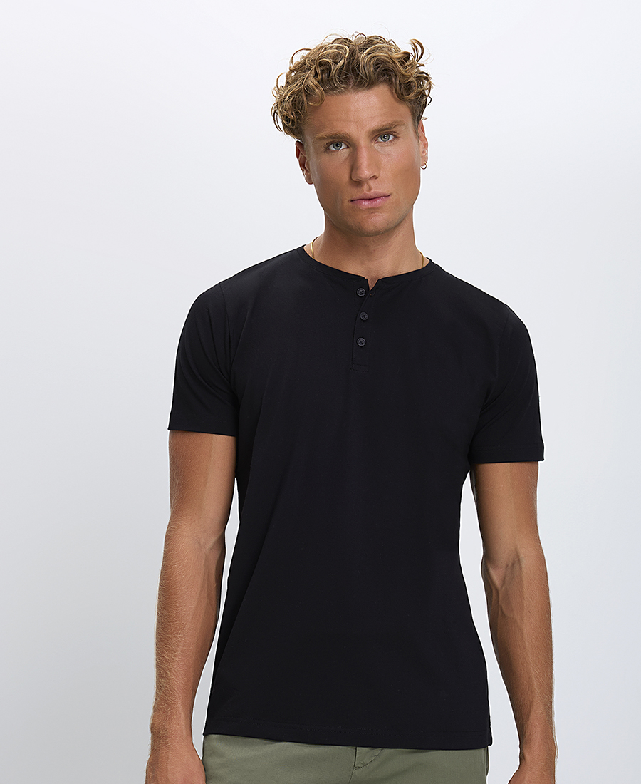 Commander Ανδρικό T-Shirt Βαμβακερό με Κουμπιά στη Λαιμόκοψη Regular Fit