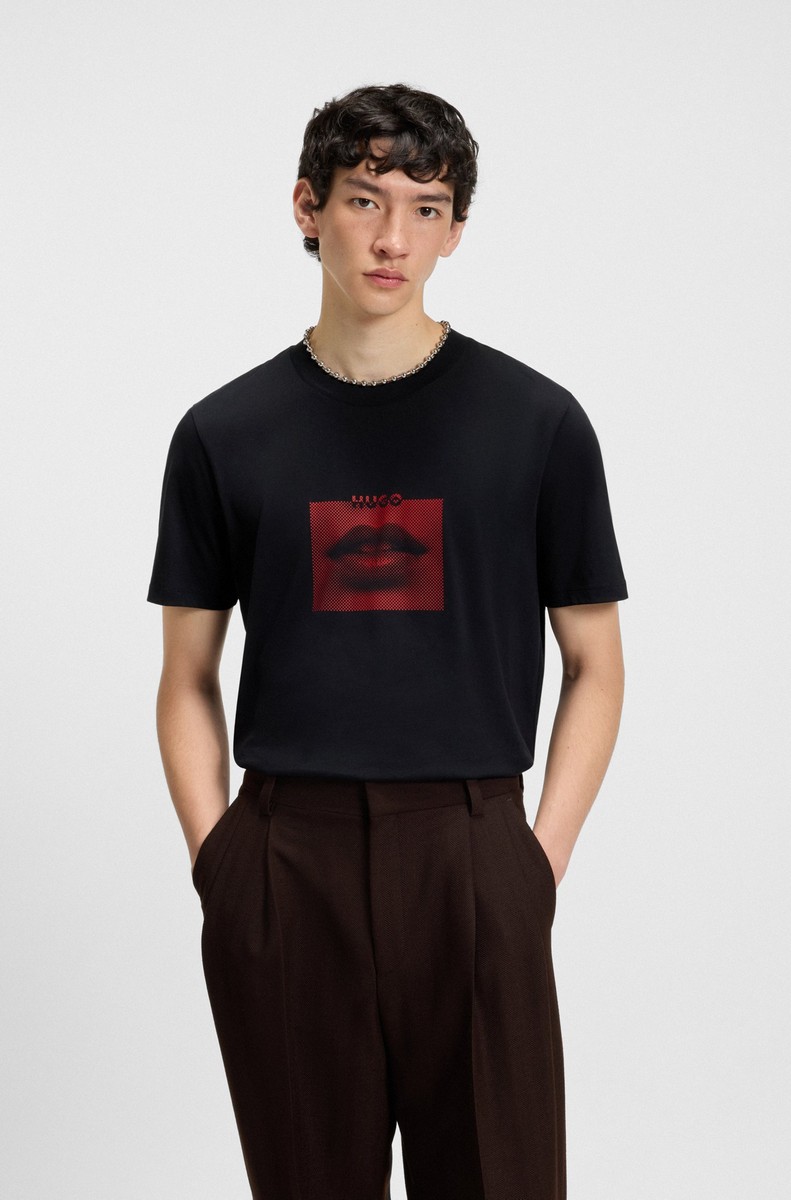 Hugo Hugo Ανδρικό T-shirt Βαμβακερό με Lip Artwork Print Regular Fit σε Μαύρο