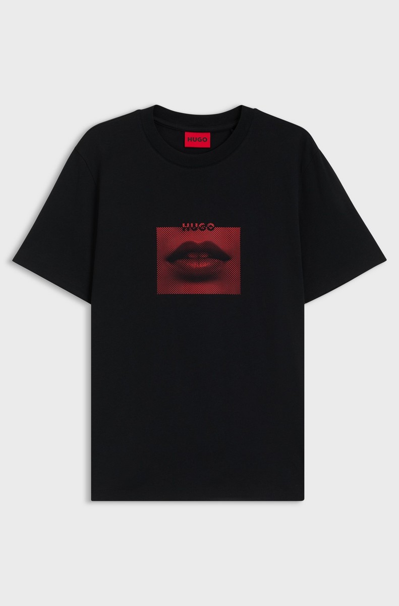 Hugo Ανδρικό T-shirt Βαμβακερό με Lip Artwork Print Regular Fit σε Μαύρο φωτογραφία
