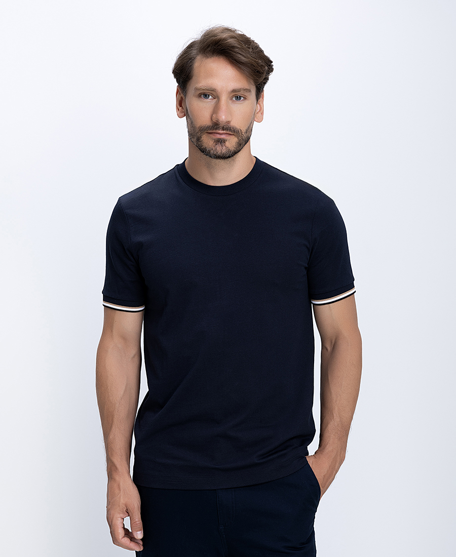 Boss Ανδρικό T Shirt Βαμβακερό Regular Fit Με Signature Stripe Στα Μανίκια