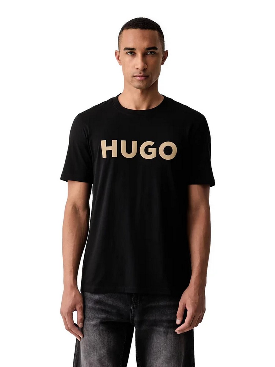 Hugo Ανδρικό Μαύρο Μονόχρωμο Βαμβακερό T-Shirt Regular Fit Με Καρό Logo Print Και Στρογγυλή Λαιμόκοψη Για Casual Εμφανίσεις