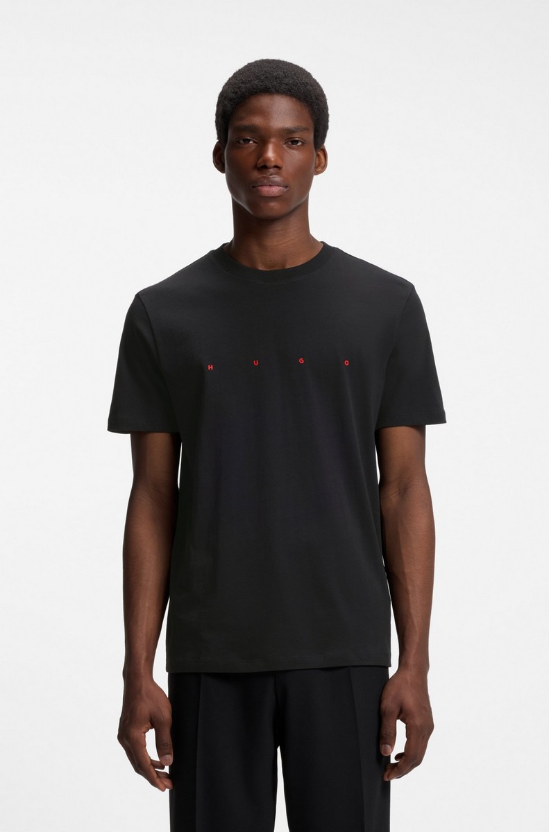 Hugo Ανδρικό Μαύρο Μονόχρωμο Βαμβακερό T-Shirt Με Logo Print Για Casual Εμφανίσεις