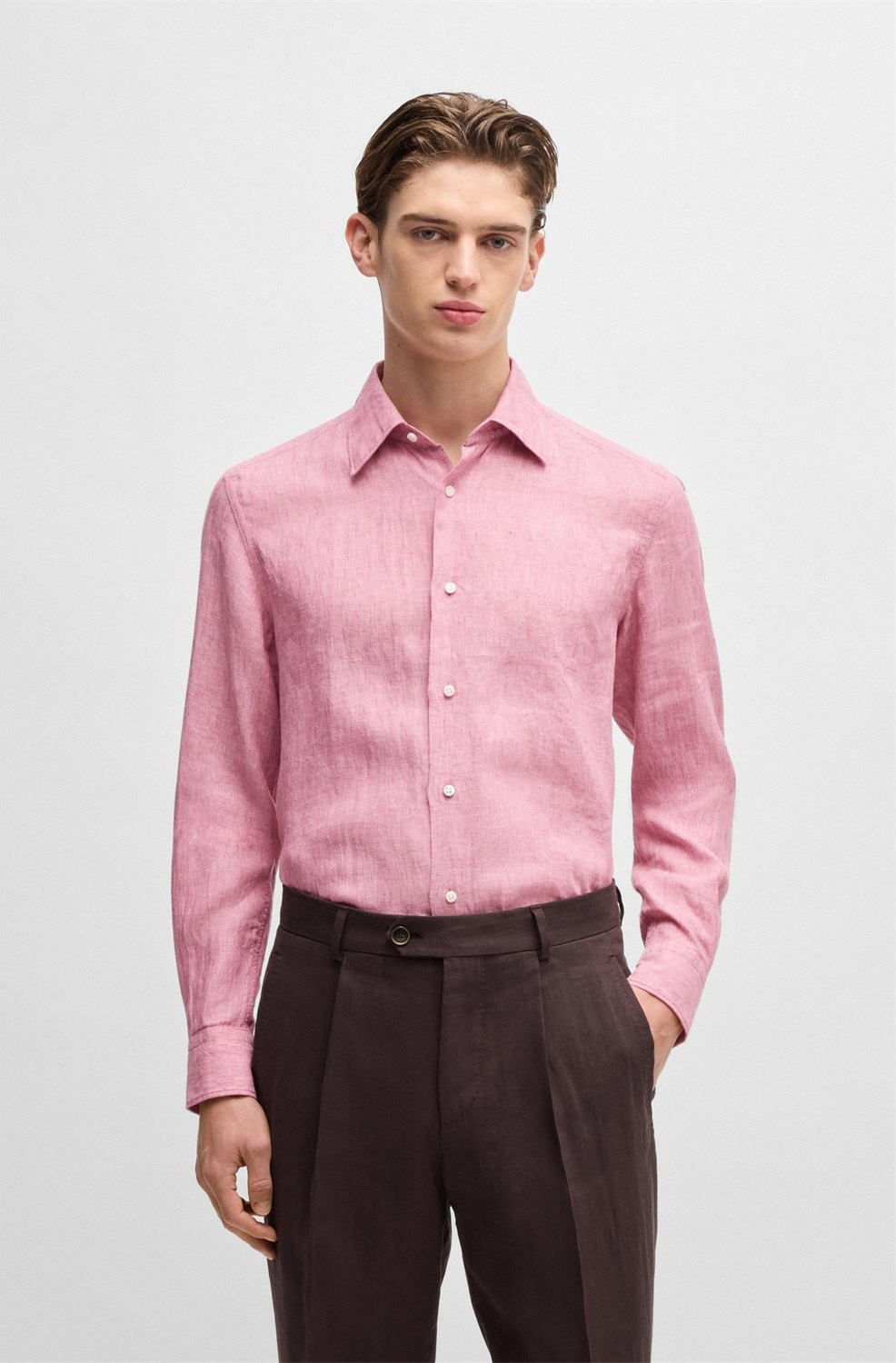 Boss Ανδρικό Πουκάμισο Slim Fit Λινό Μονόχρωμο