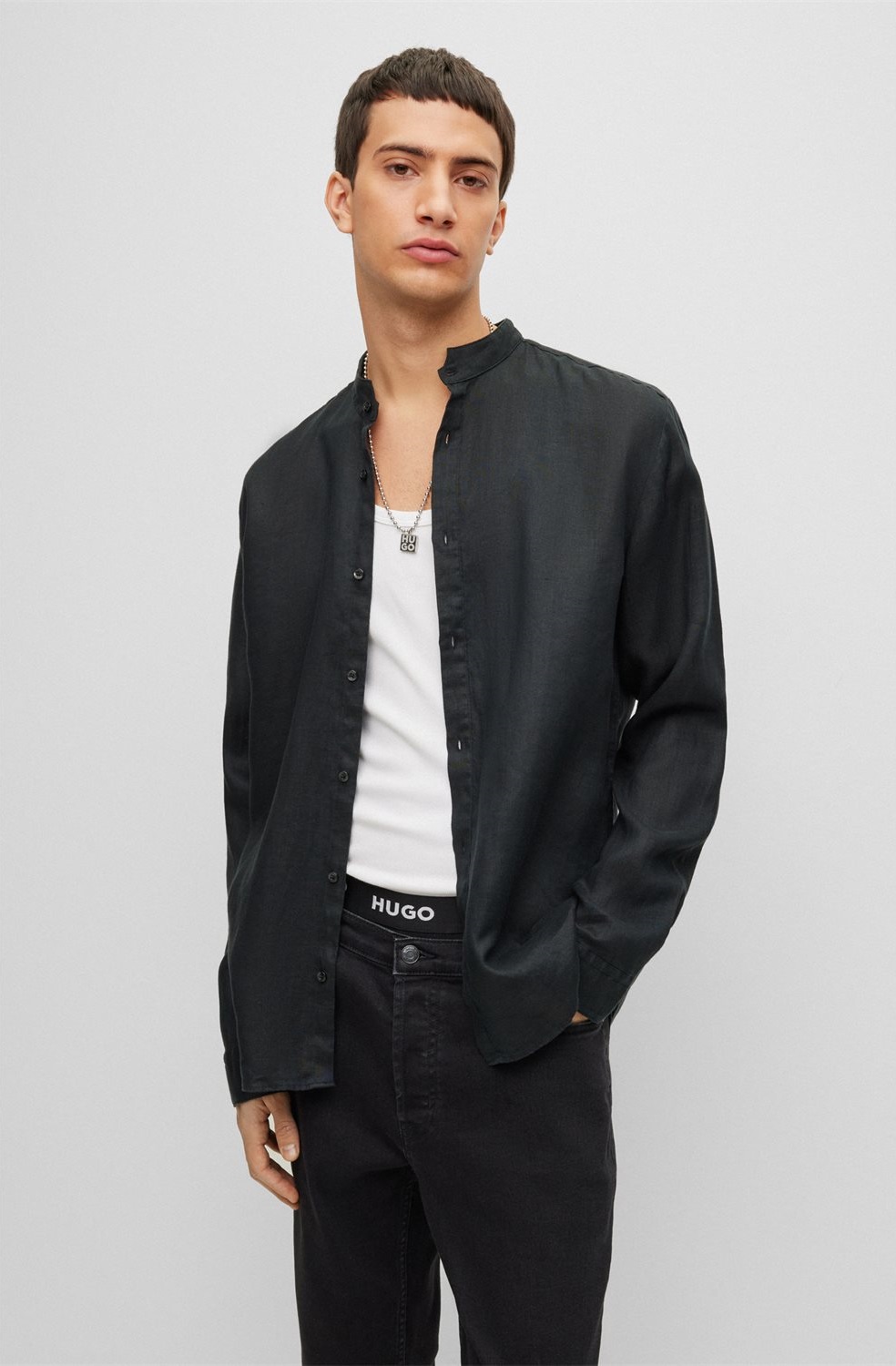 Hugo Hugo Ανδρικό Πουκάμισο από Λινό με Όρθιο Γιακά Slim Fit