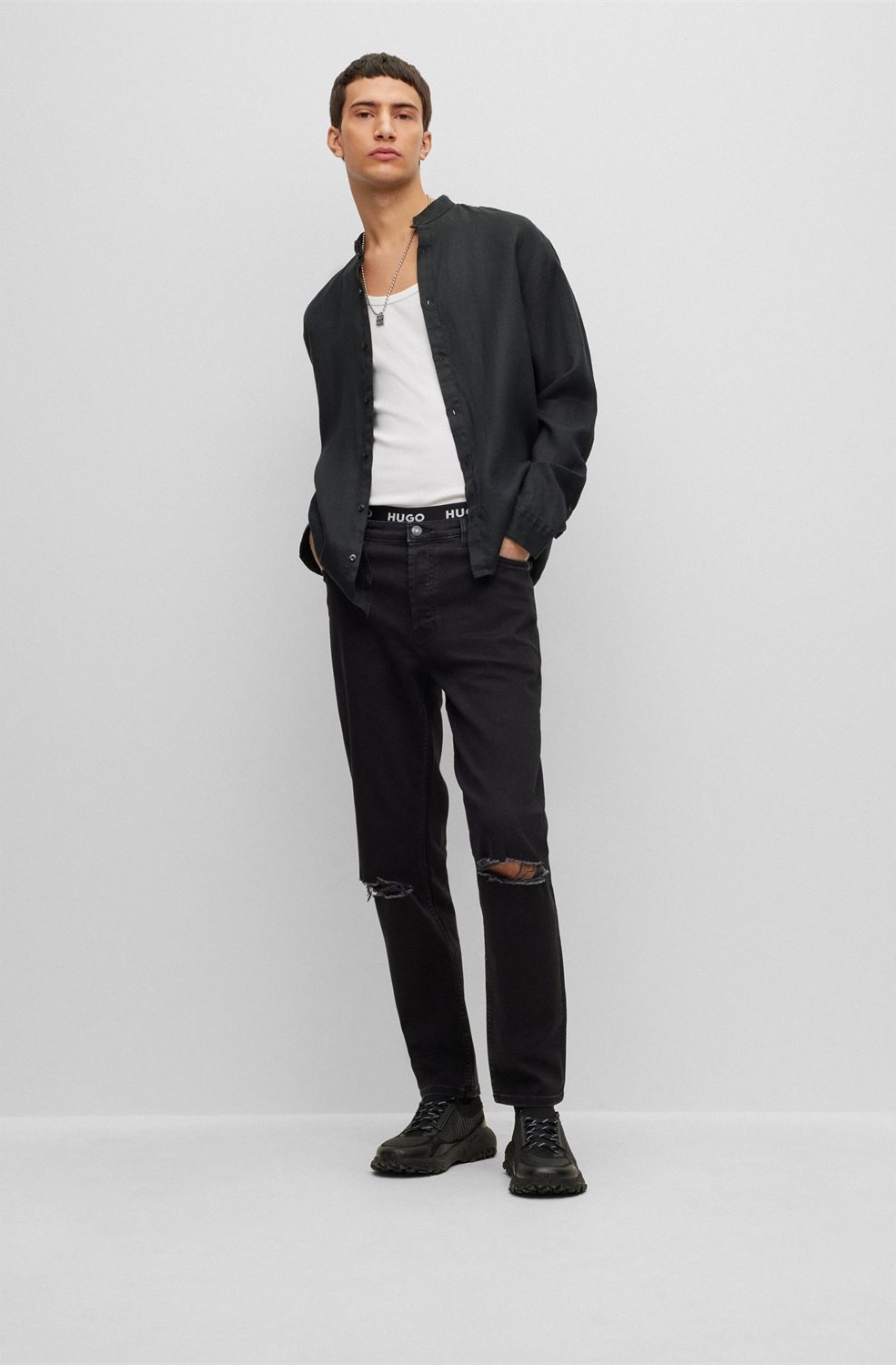 Hugo Ανδρικό Πουκάμισο από Λινό με Όρθιο Γιακά Slim Fit φωτογραφία