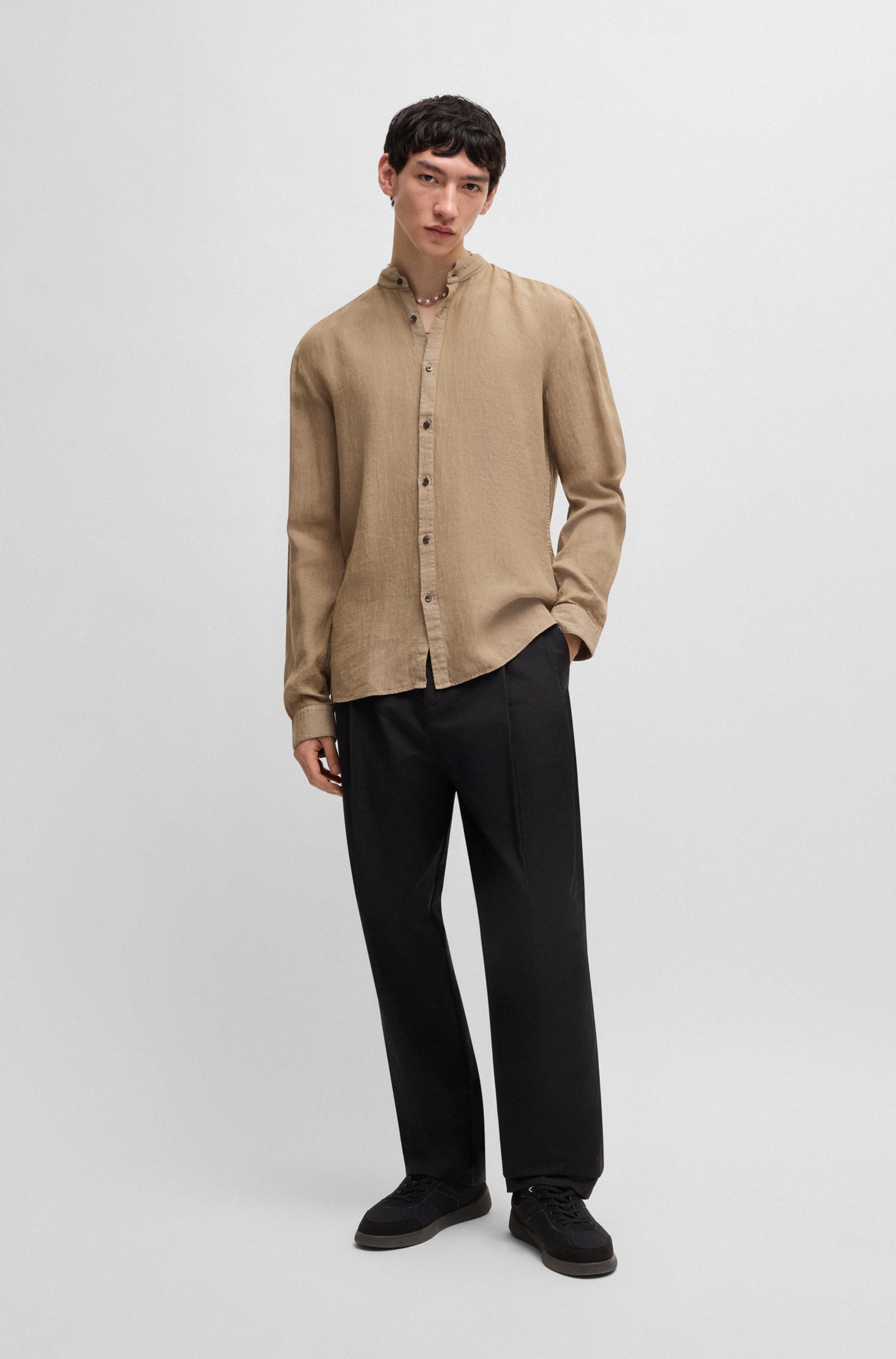 Hugo Ανδρικό Πουκάμισο από Λινό με Όρθιο Γιακά Slim Fit φωτογραφία