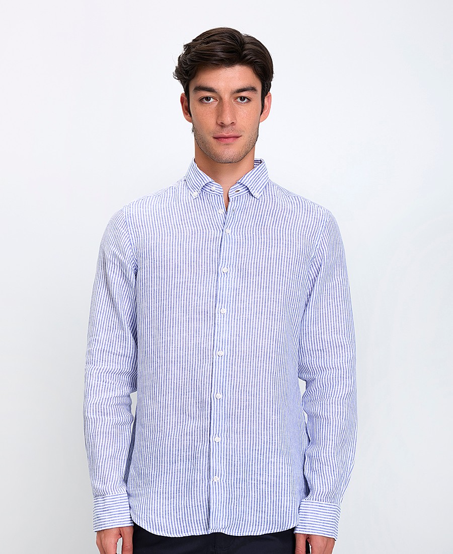 Vardas Vardas Ανδρικό Λινό Πουκάμισο Button Down Regular Fit σε Ριγέ Μπλε