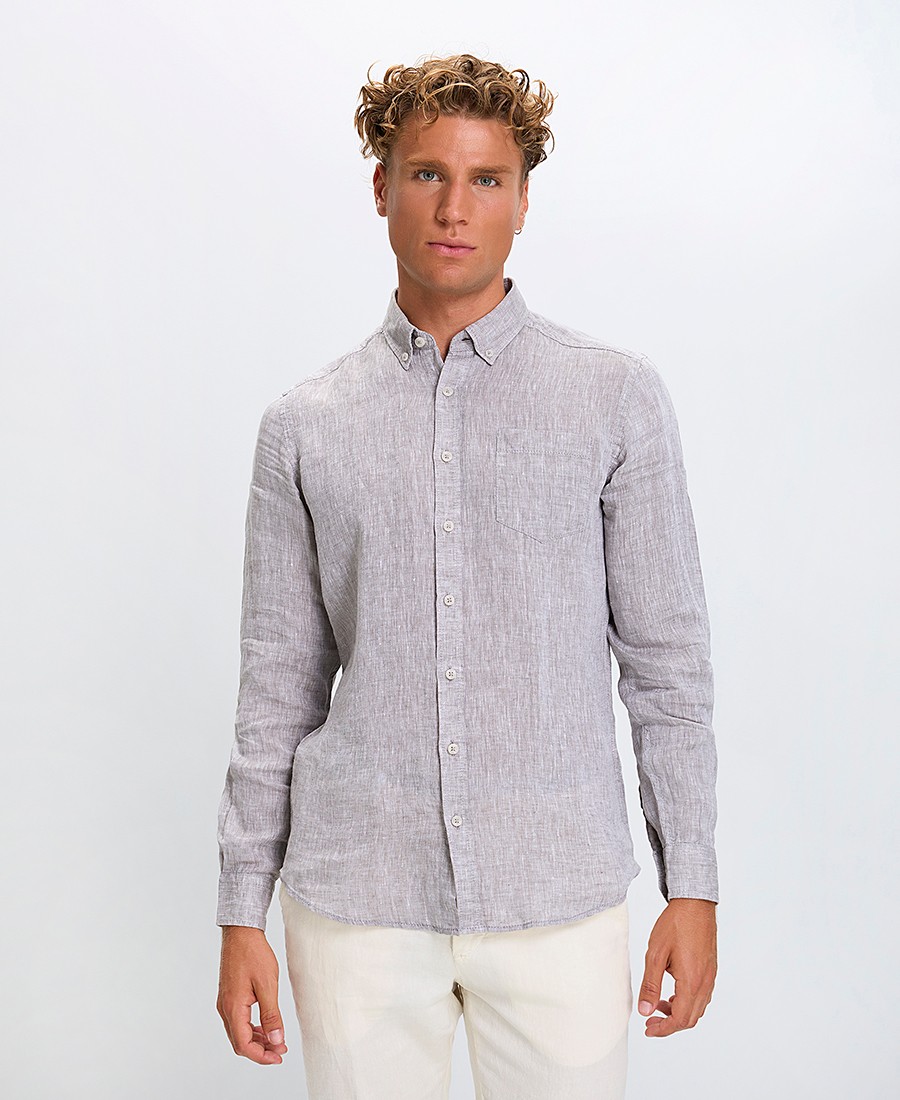 Ανδρικό Πουκάμισο Regular Fit Λινό Με Γιακά Button Down