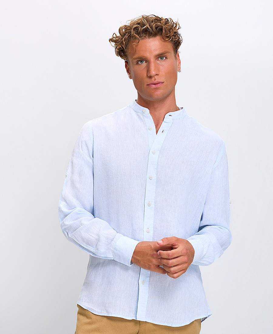 Ανδρικό Πουκάμισο Λινό Regular Fit με Όρθιο Γιακά