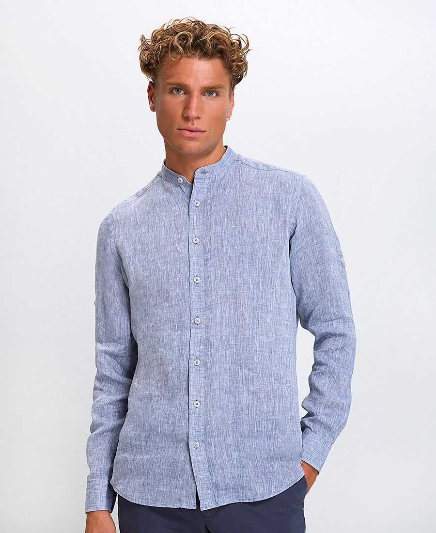 Ανδρικό Πουκάμισο Λινό Regular Fit με Όρθιο Γιακά