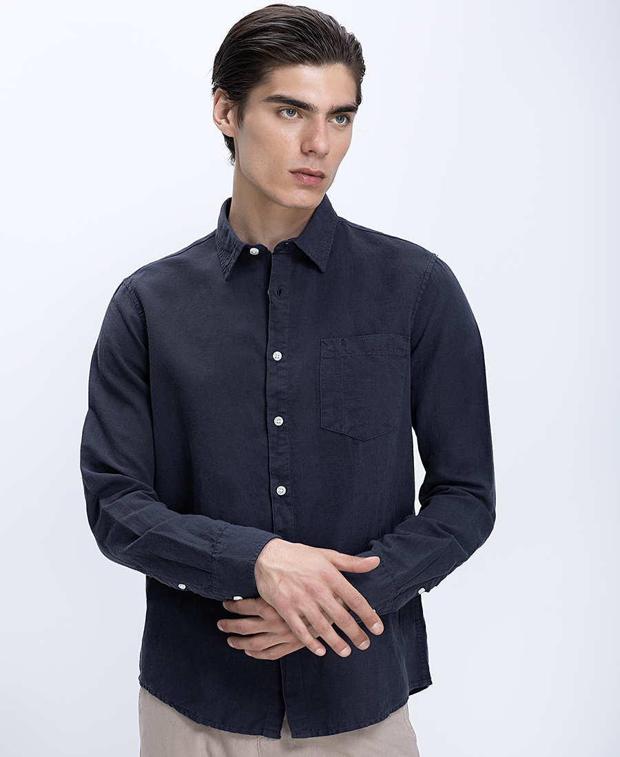 Ανδρικό Πουκάμισο Linen Blend Με Τσέπη Στήθους Regular Fit
