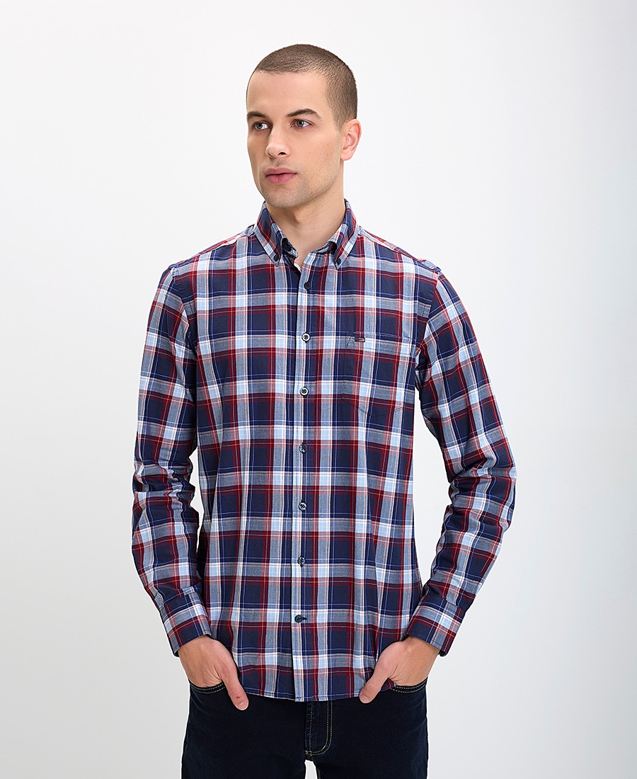 Ανδρικό Βαμβακερό Πουκάμισο Button Down Comfort Fit σε Καρό Κόκκινο/Μπλε