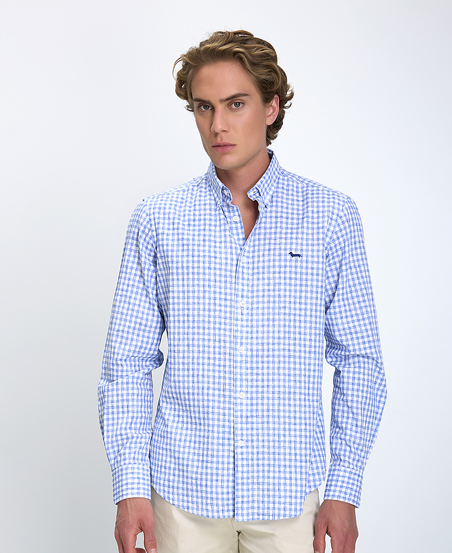 Harmont & Blaine Harmont & Blaine Ανδρικό Πουκάμισο Regular Fit Καρό Μείγμα Φυσικών Ινών Μπλε