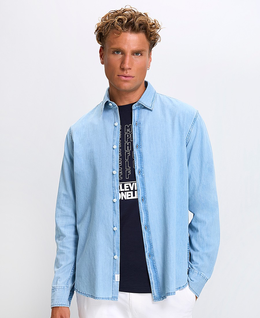Ανδρικό Πουκάμισο Βαμβακερό Denim Modern Fit σε Ανοιχτό Μπλε