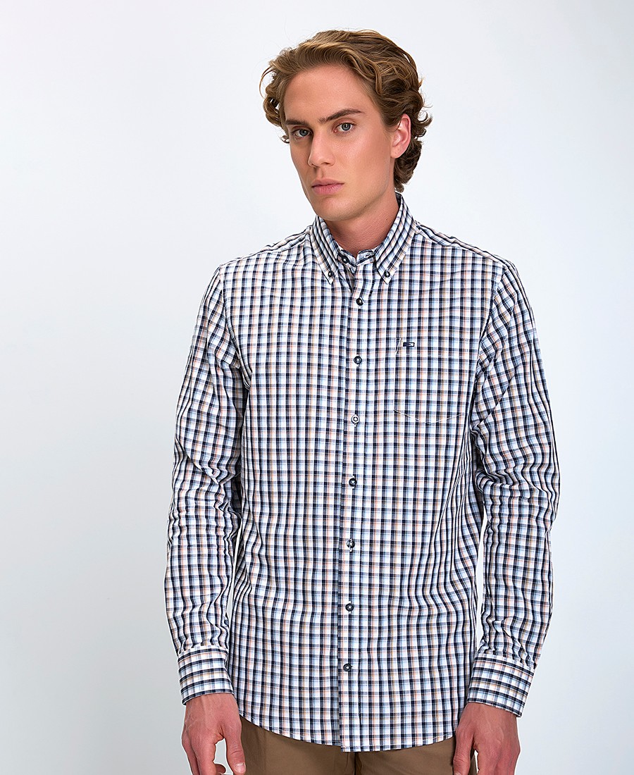 Ανδρικό Πουκάμισο Regular Fit Βαμβακερό Καρό Με Μπλε Λεπτομέρειες