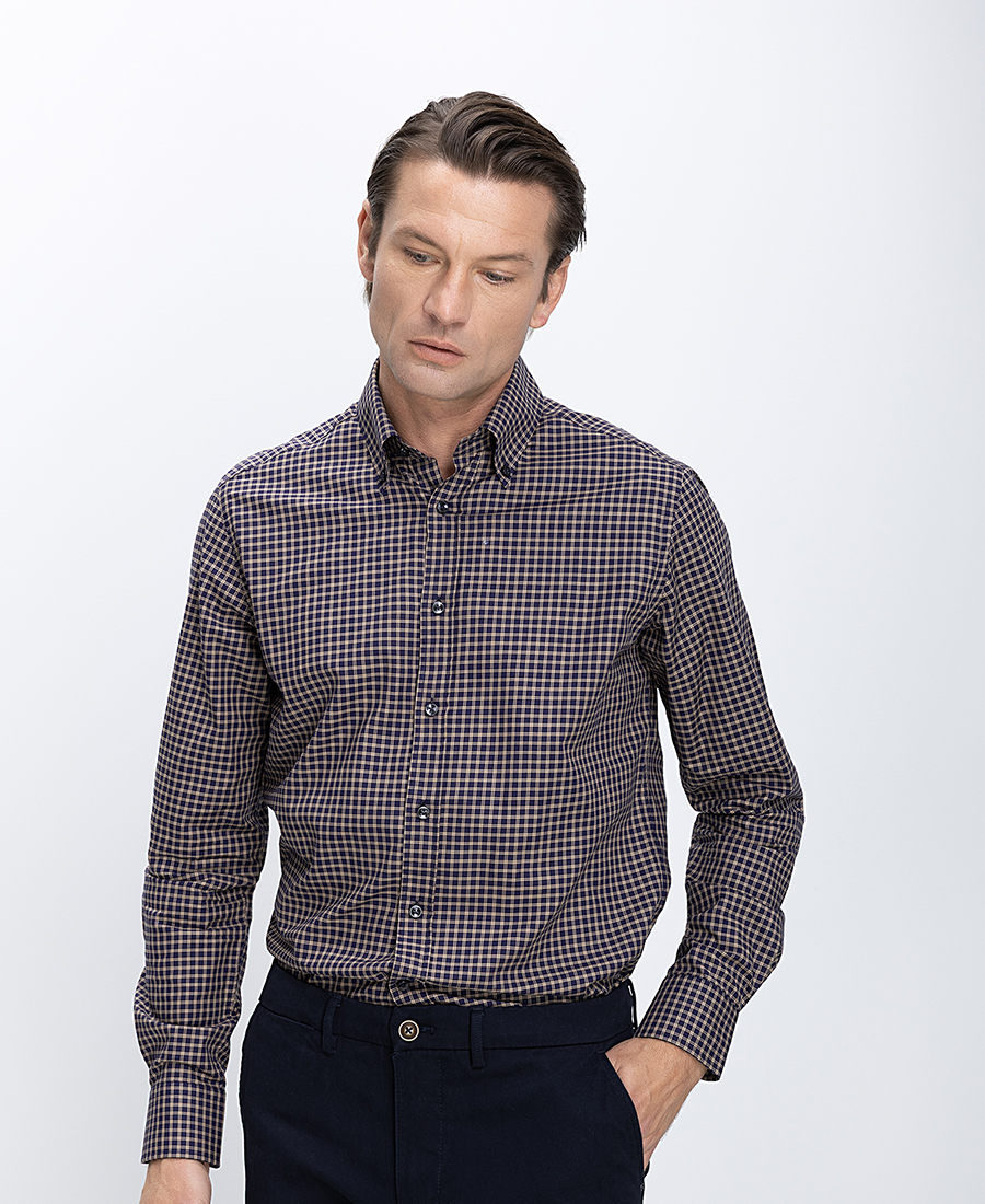 Ανδρικό Πουκάμισο Με Μικρό Καρό Σχέδιο Βαμβακερό Regular Fit