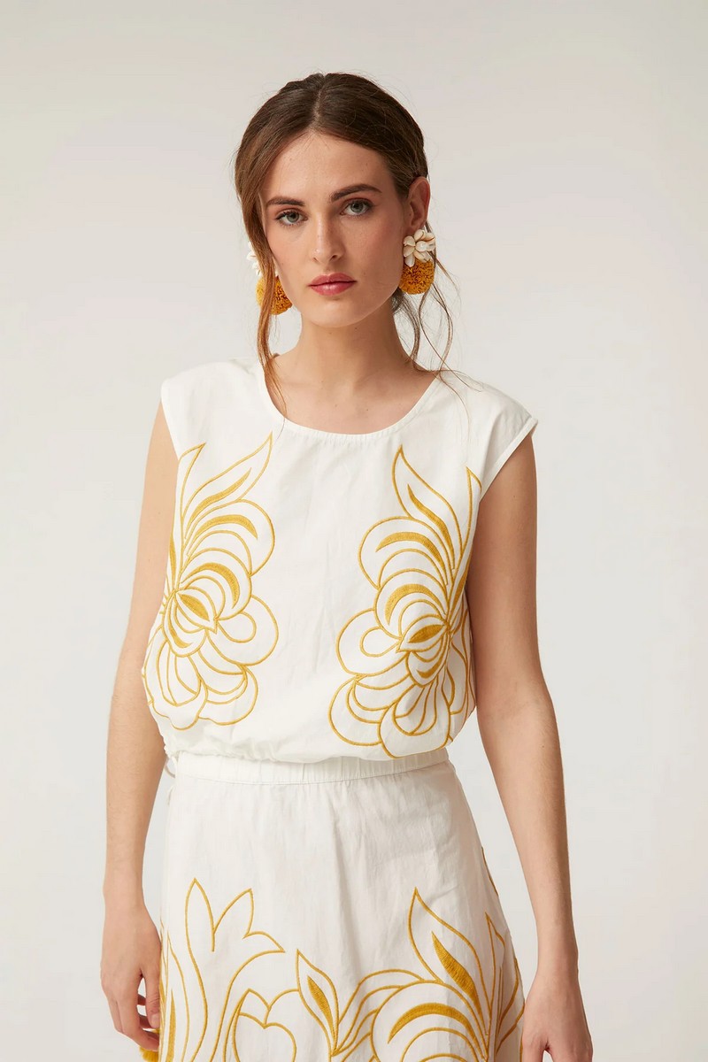 Γυναικείο Ντε-Πιες με Κέντημα Floral σε Εκρού φωτογραφία