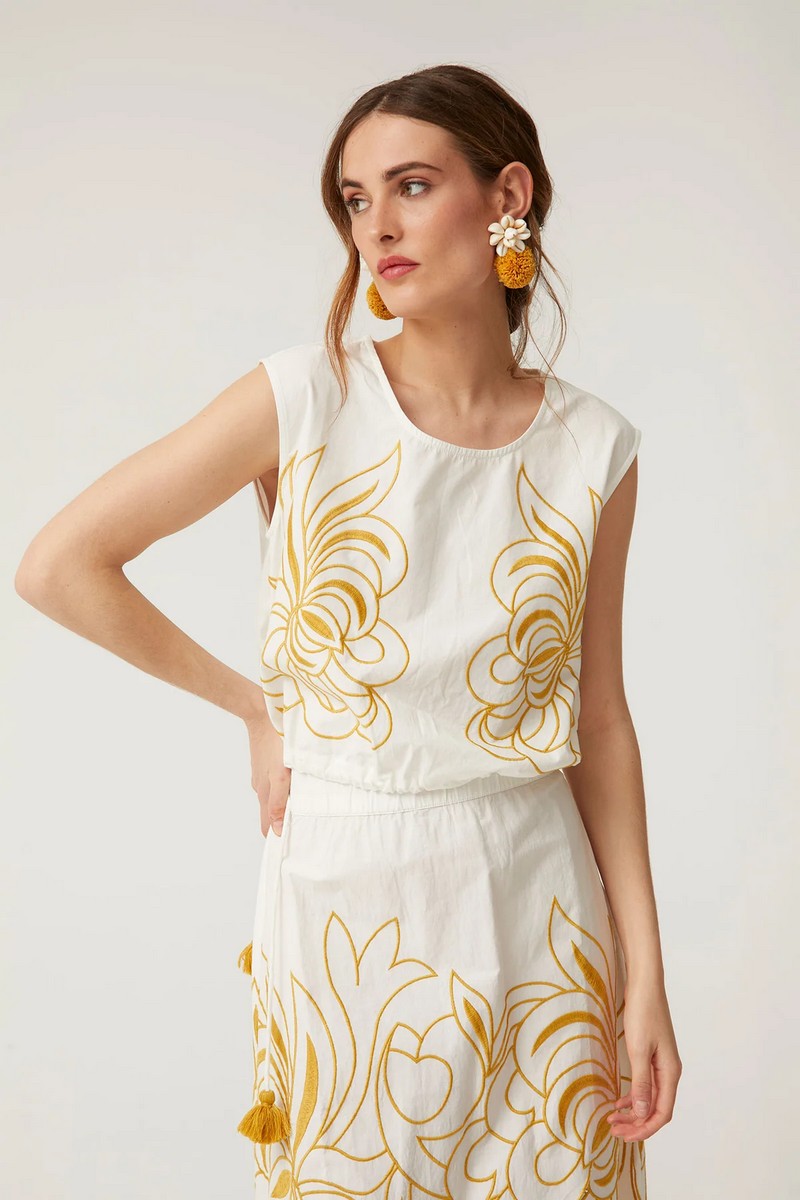 Γυναικείο Ντε-Πιες με Κέντημα Floral σε Εκρού φωτογραφία