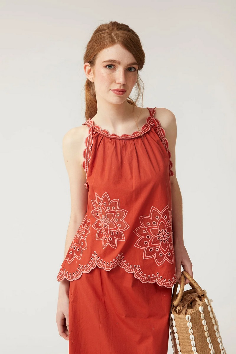 Γυναικείο Ντε-Πιες με Κεντήματα από Βαμβάκι σε Κεραμιδί φωτογραφία