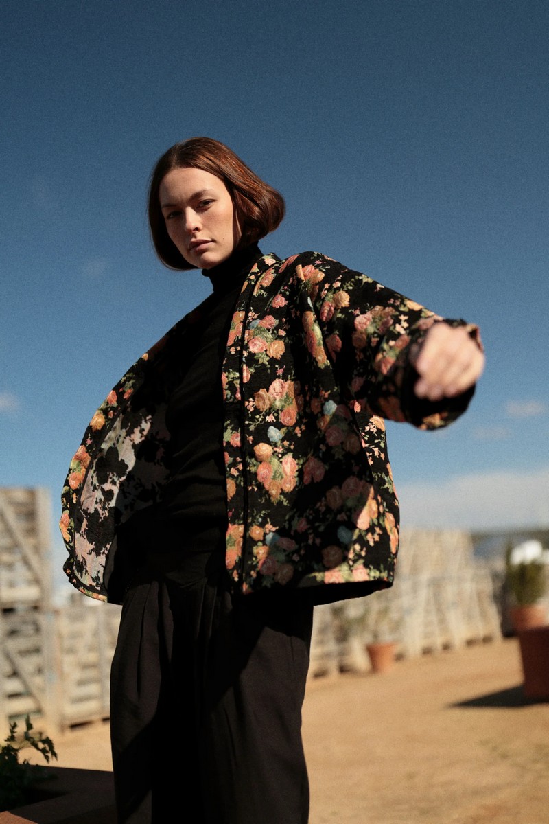 Luna Llena Γυναικείο Κιμονό Regular Fit Βελούδινο Floral Μαύρο φωτογραφία