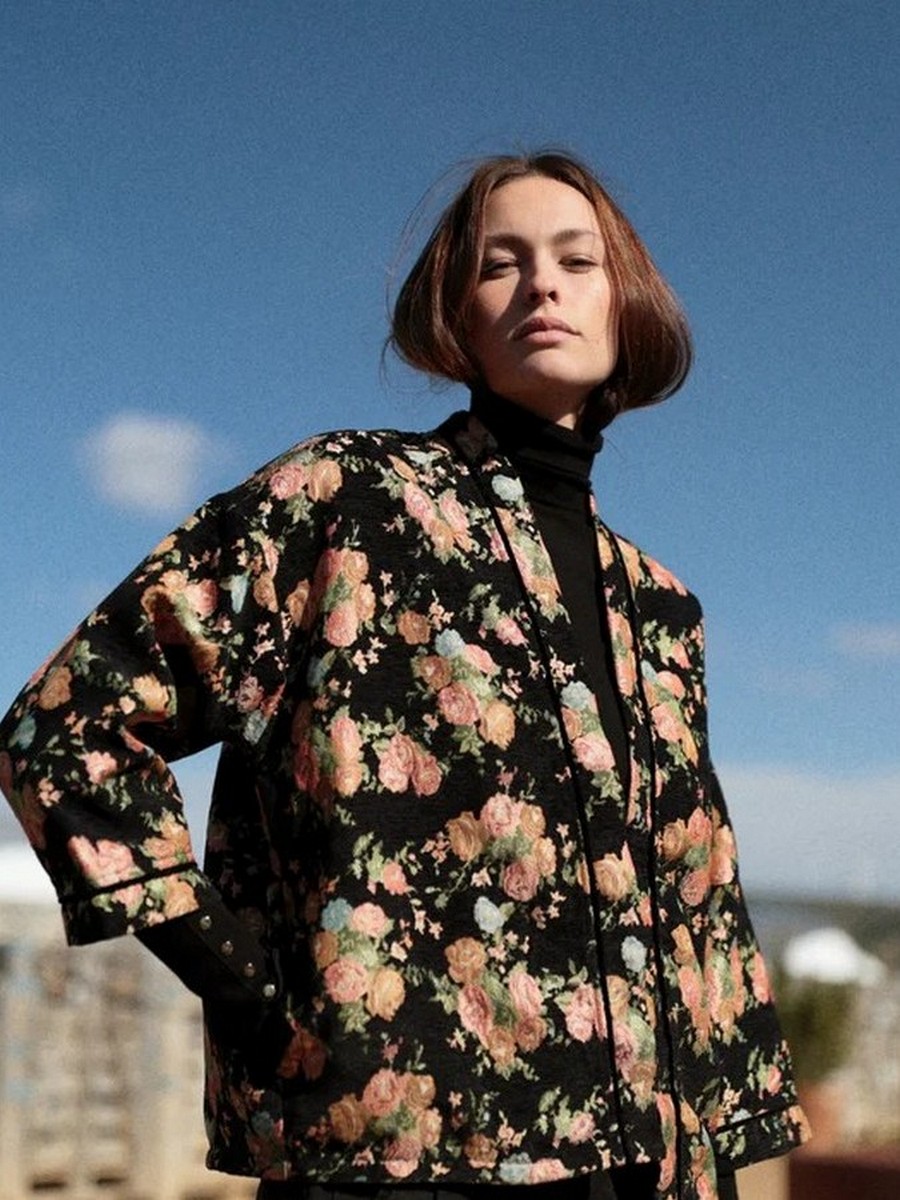 Luna Llena Γυναικείο Κιμονό Regular Fit Βελούδινο Floral Μαύρο φωτογραφία