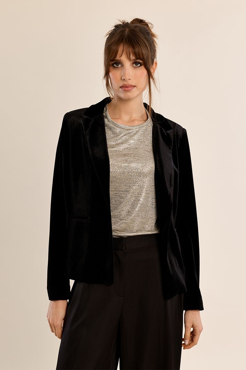 Molly Bracken Γυναικείο Μαύρο Βελούδινο Σακάκι Cropped Slim Fit Για Βραδινές & Formal Εμφανίσεις