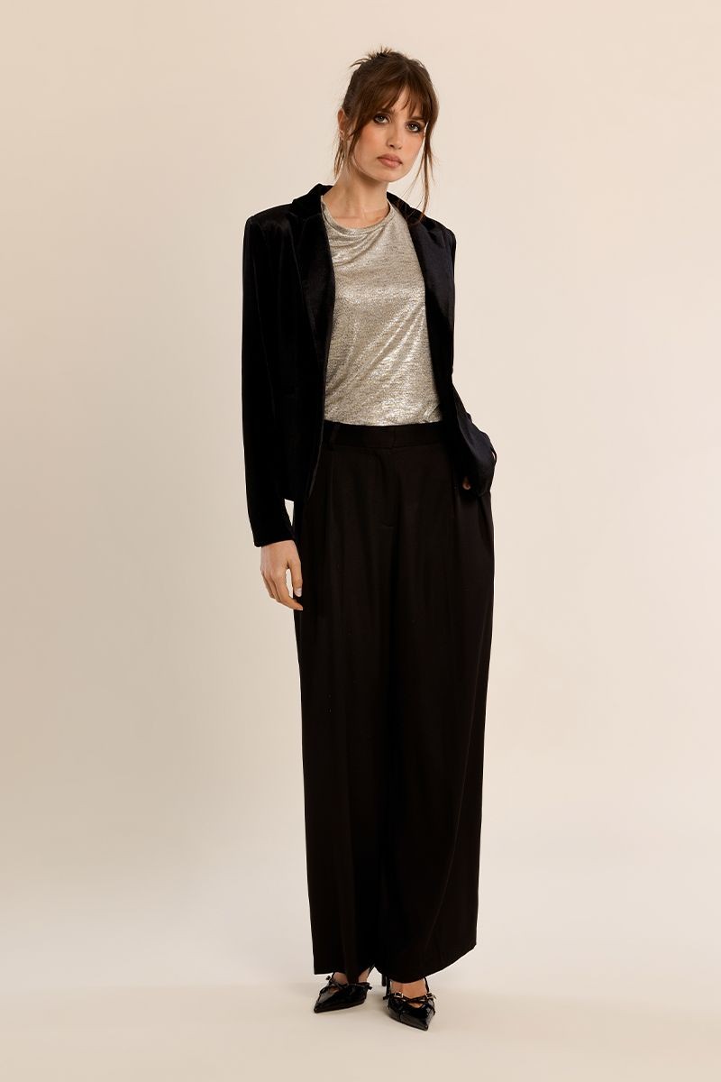 Molly Bracken Γυναικείο Μαύρο Βελούδινο Σακάκι Cropped Slim Fit Για Βραδινές & Formal Εμφανίσεις