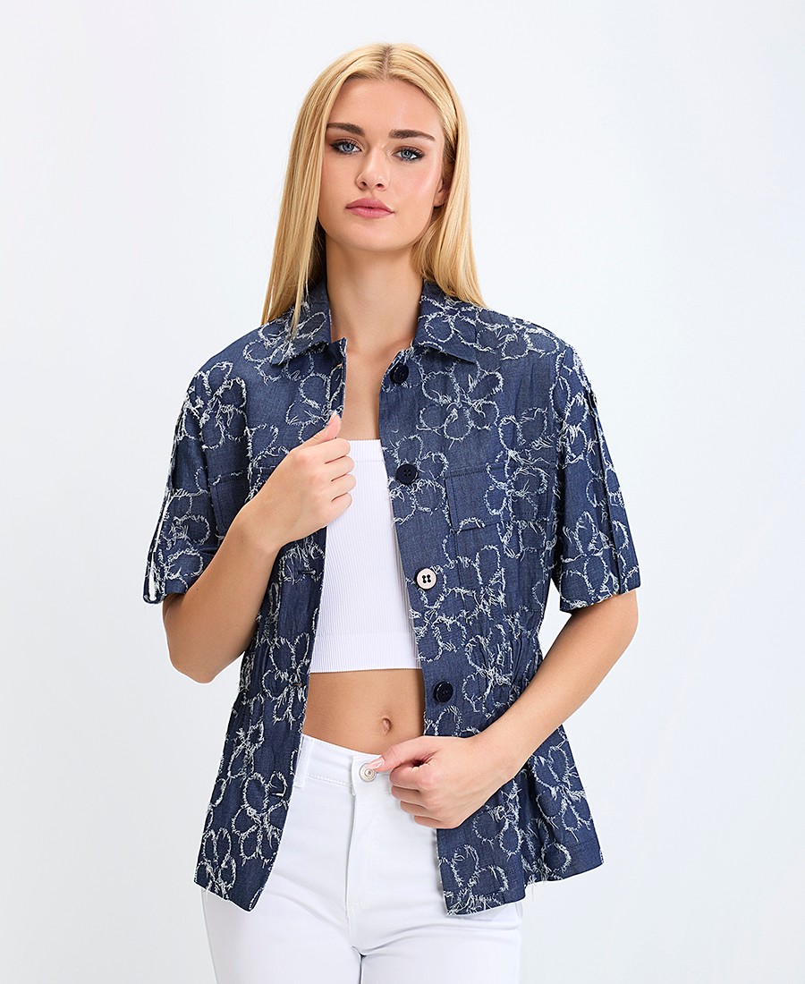 Γυναικείο Σακάκι με Ανάγλυφο Σχέδιο Regular Fit σε Μπλε