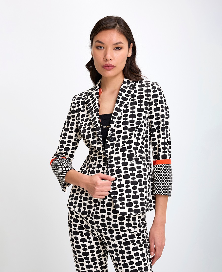 Γυναικείο Σακάκι με Γεωμετρικό Print και Ρεβέρ σε Αντίθεση Regular Fit