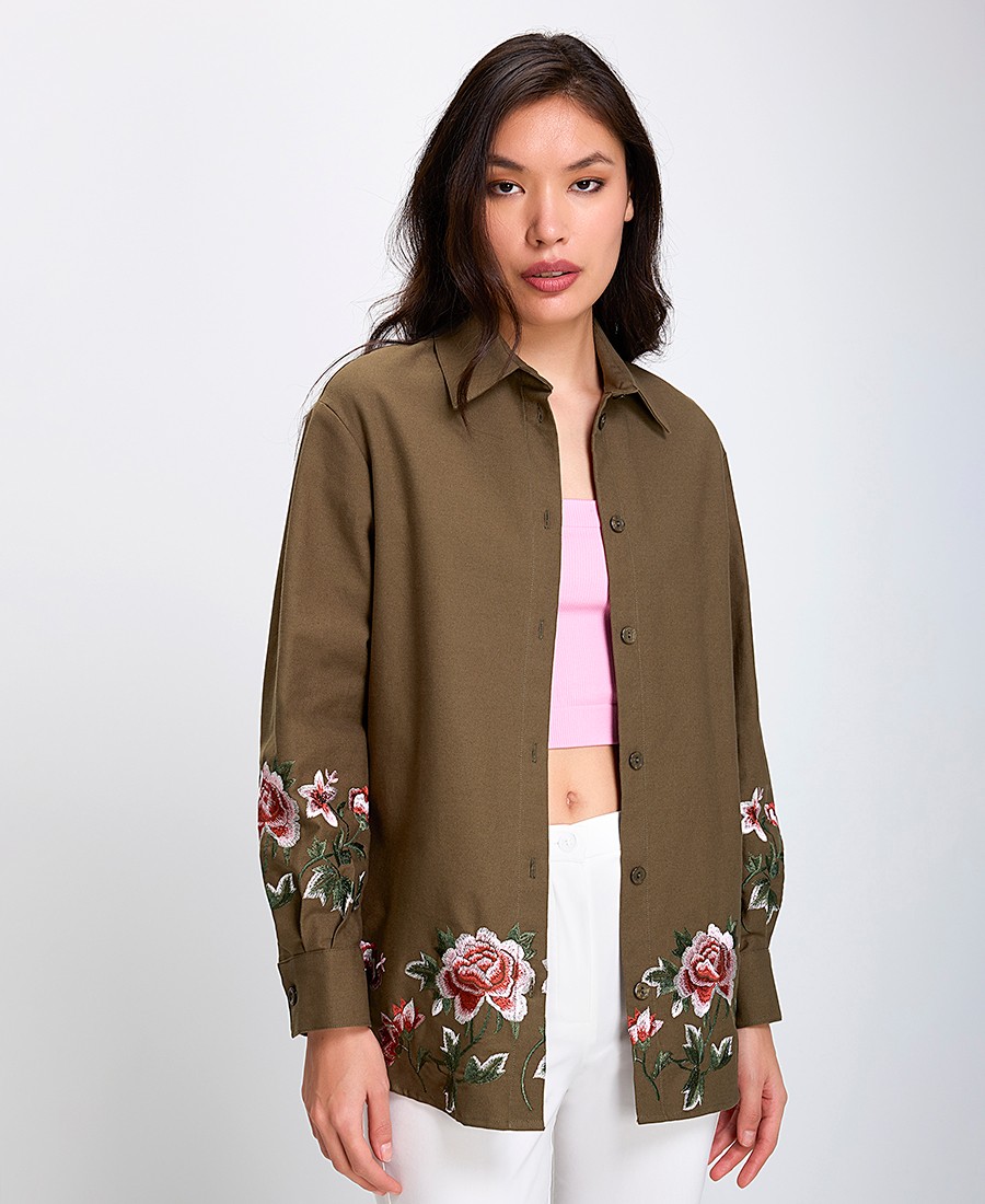 Laura Donini Γυναικείο Overshirt με Κεντημένα Λουλούδια Regular Fit σε Λαδί