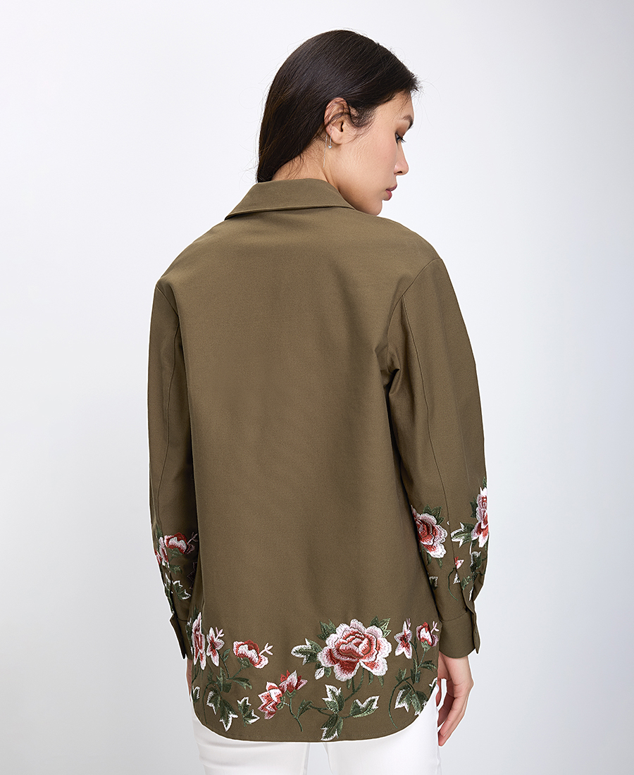 Γυναικείο Overshirt με Κεντημένα Λουλούδια Regular Fit σε Λαδί φωτογραφία