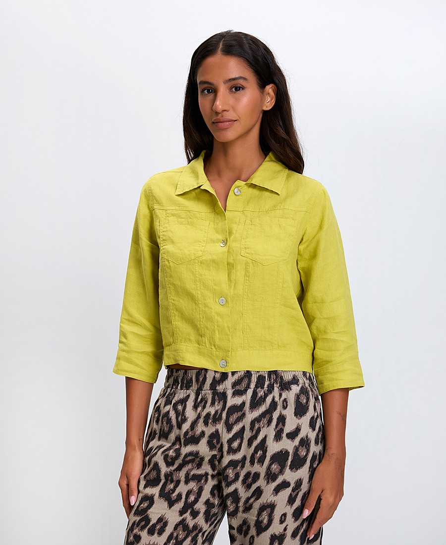 Γυναικείο Σακάκι Regular Fit Λινό Κοντό Με Τσέπες Και 3/4 Μανίκι Πράσινο