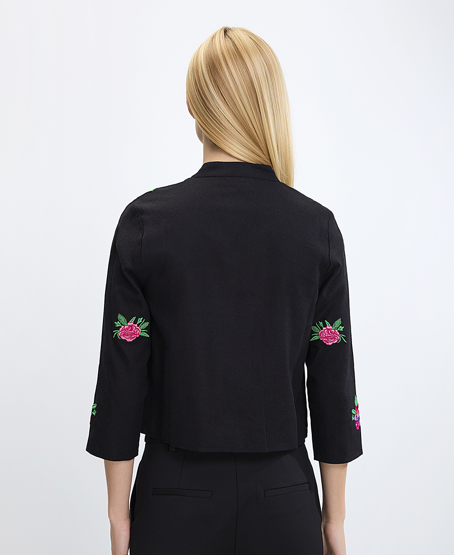 Luna Llena Γυναικείο Σακάκι Βαμβακερό με Μανίκια 3/4 και Κεντήματα Regular Fit σε Μαύρο φωτογραφία