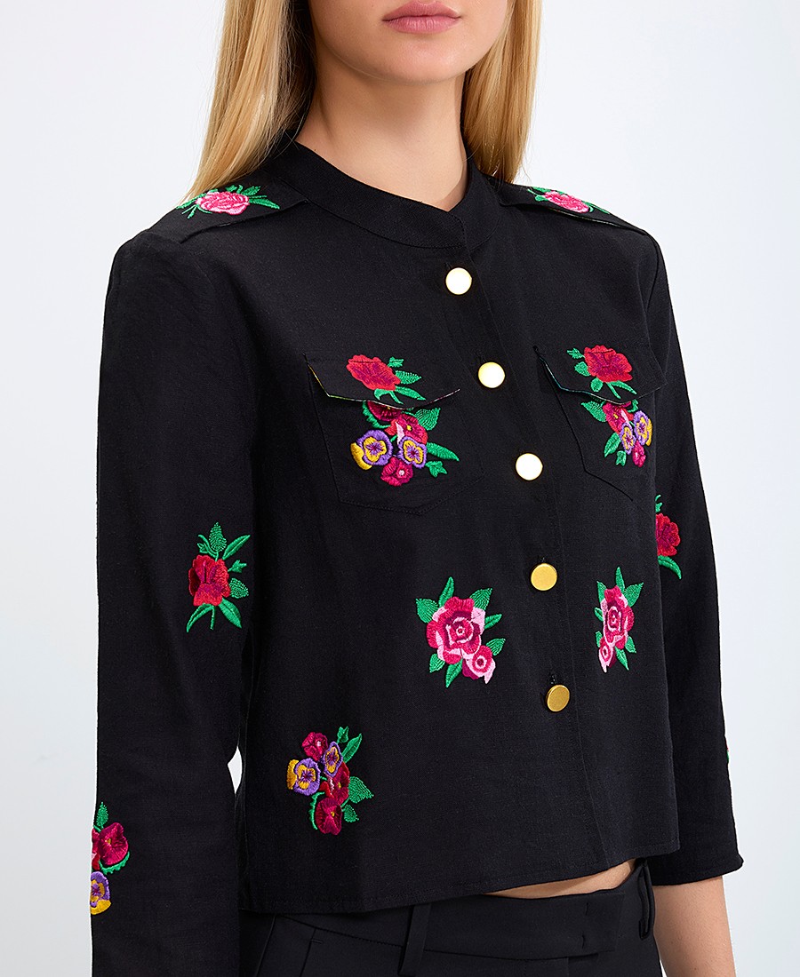 Luna Llena Γυναικείο Σακάκι Βαμβακερό με Μανίκια 3/4 και Κεντήματα Regular Fit σε Μαύρο φωτογραφία