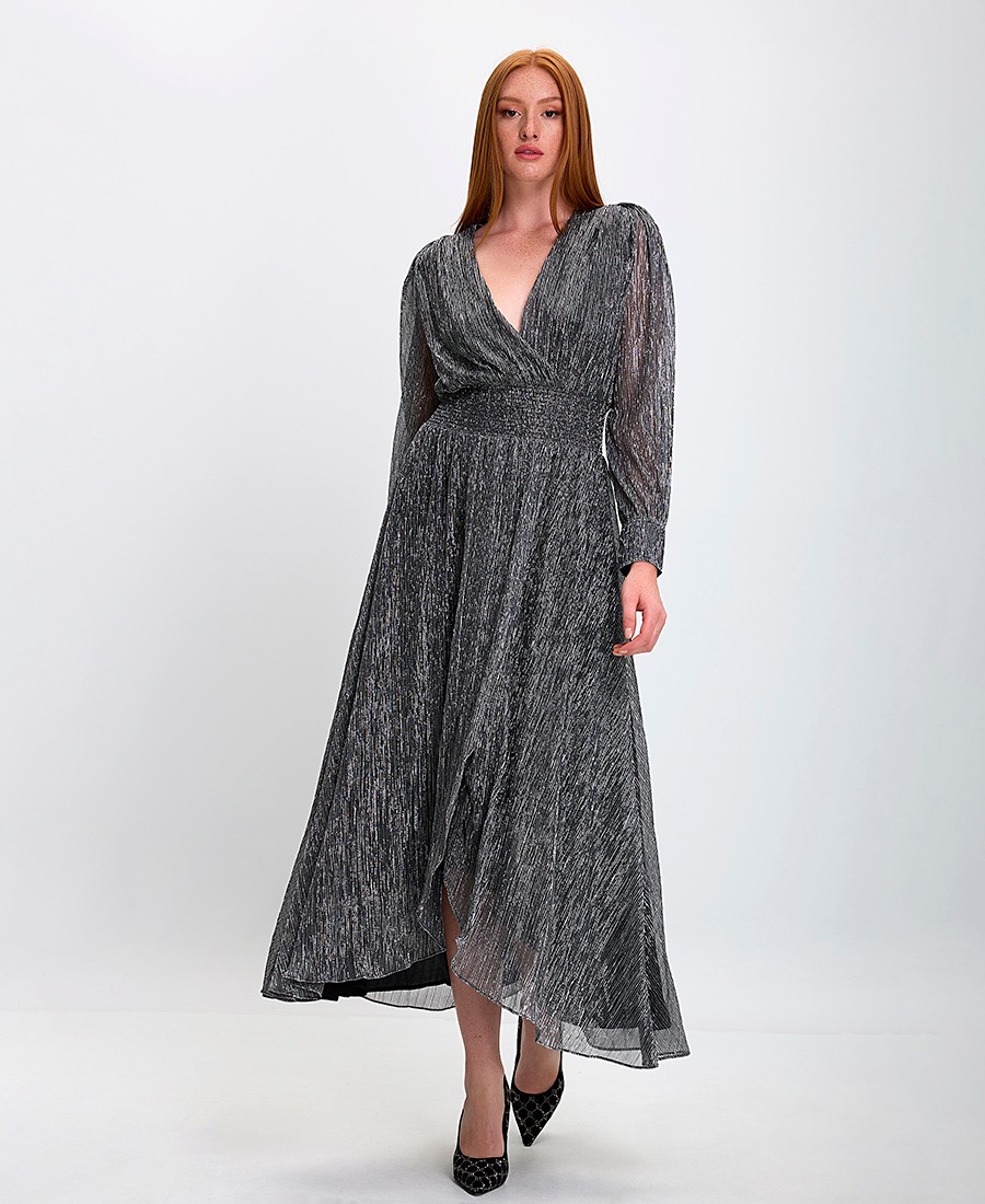 Berenice Γυναικείο Μακρύ Φόρεμα Lurex με Λάστιχο στη Μέση σε Ασημί