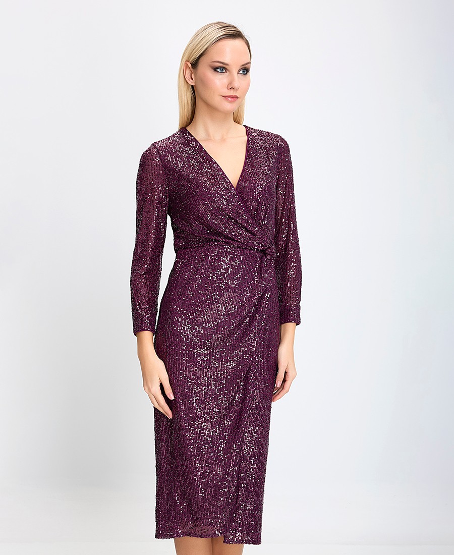 Stella Lorand Γυναικείο Φόρεμα Midi Regular Fit με Παγιέτες και Βαθύ V Ντεκολτέ Μωβ