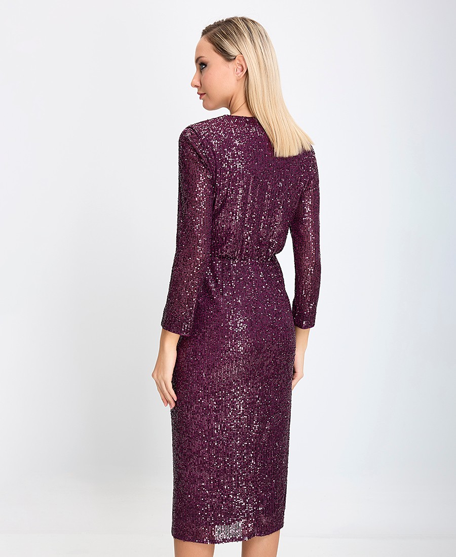 Γυναικείο Φόρεμα Midi Regular Fit με Παγιέτες και Βαθύ V Ντεκολτέ Μωβ φωτογραφία