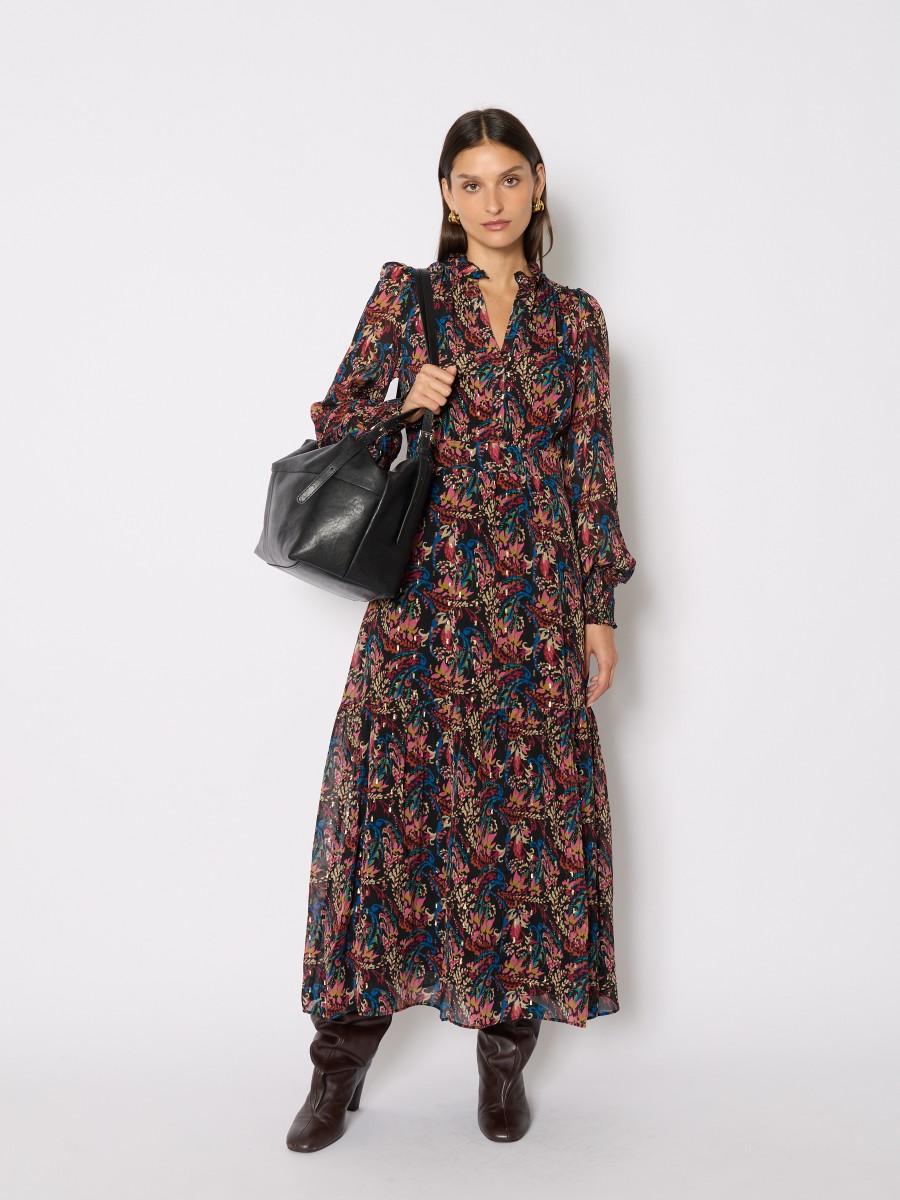 Berenice Berenice Γυναικείο Φόρεμα Long Με Λουλουδάτο Lurex Print Και Μακριά Μανίκια