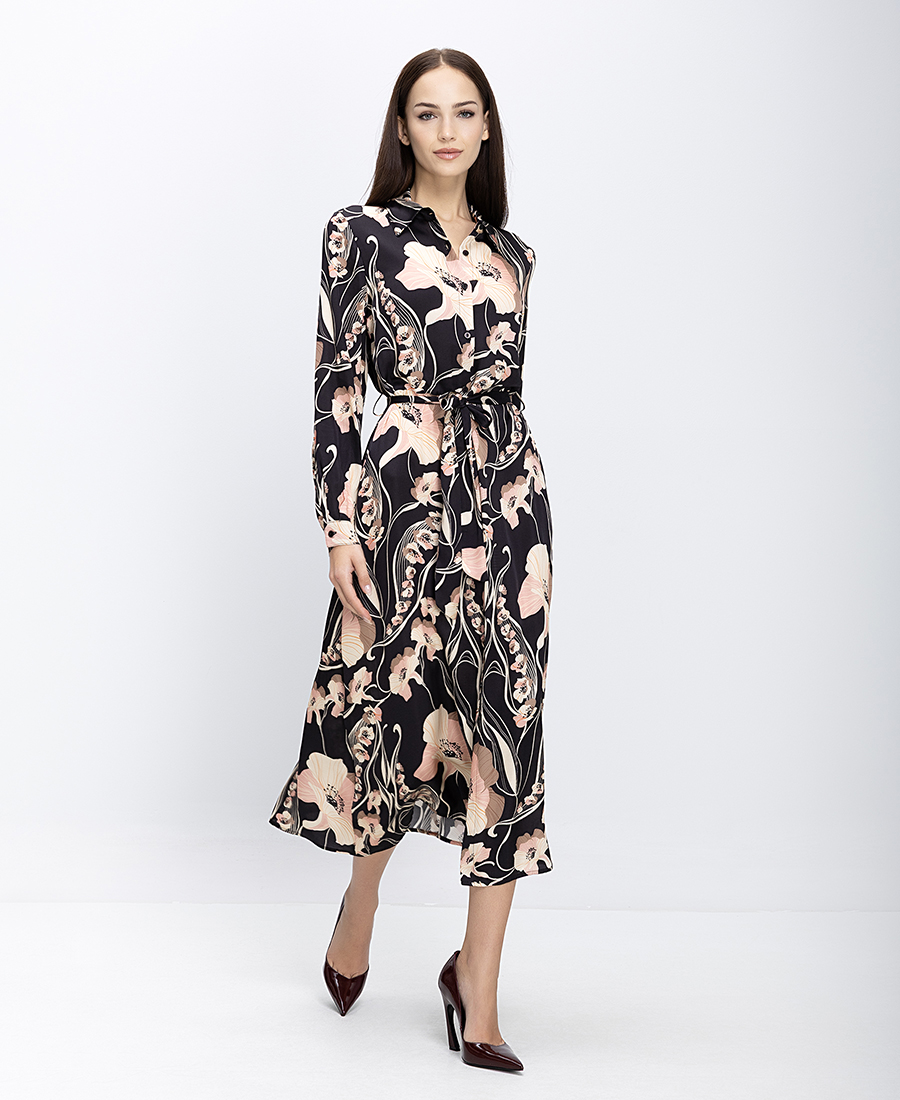 Laura Donini Γυναικείο Φόρεμα Σεμιζιέ Midi Με Ζώνη Και Floral Μοτίβο