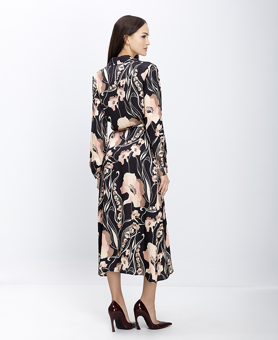 Γυναικείο Φόρεμα Σεμιζιέ Midi Με Ζώνη Και Floral Μοτίβο φωτογραφία