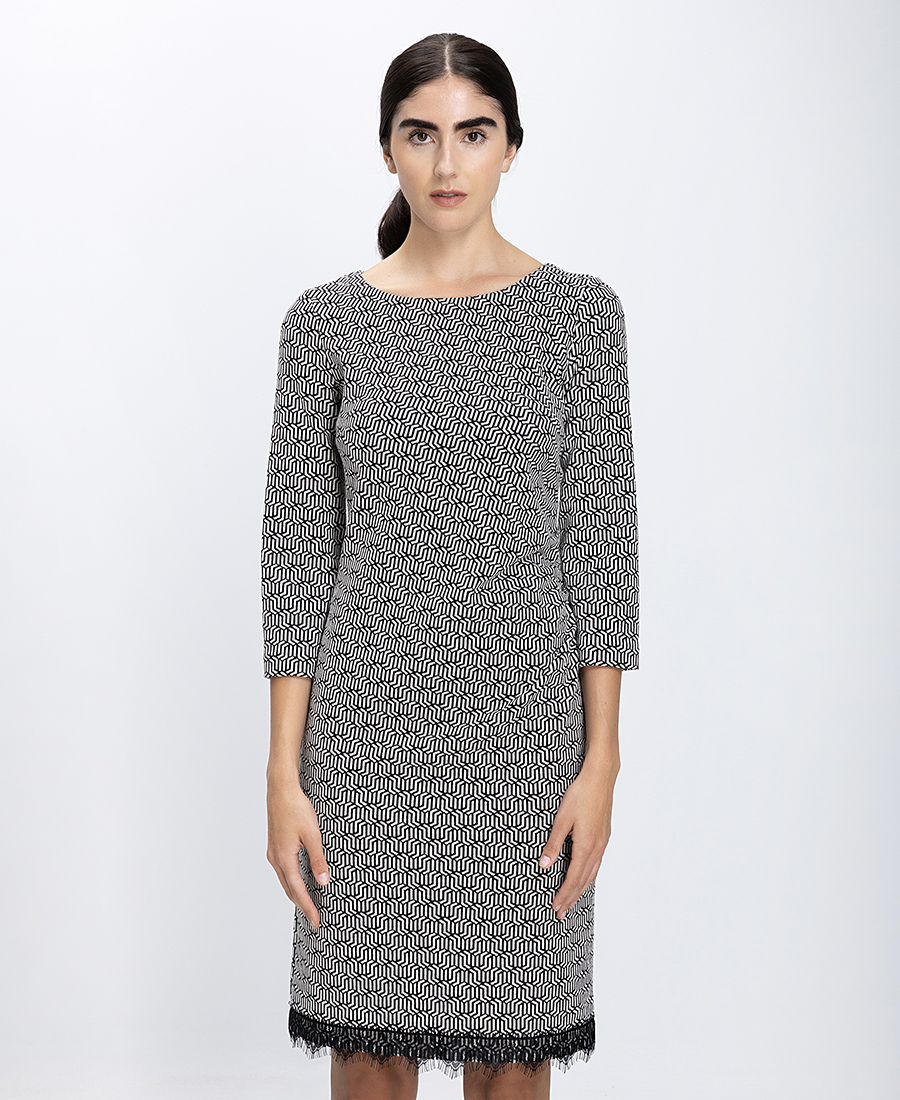 The Abito The Abito Γυναικείο Φόρεμα Midi Με Γεωμετρικό Μοτίβο & Δαντελένιο Τελείωμα Regular Fit