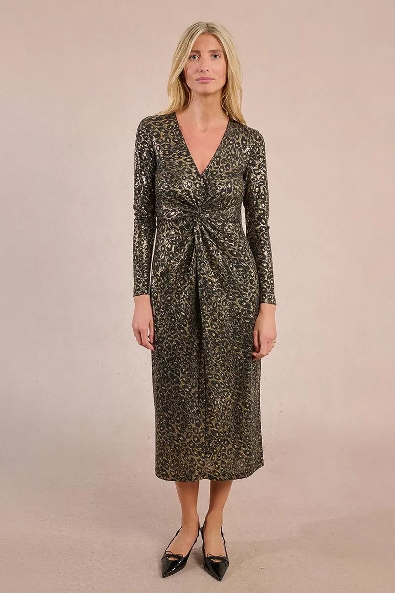 Molly Bracken Molly Bracken Γυναικείο Φόρεμα Fitted Midi Lame Με Animal Print